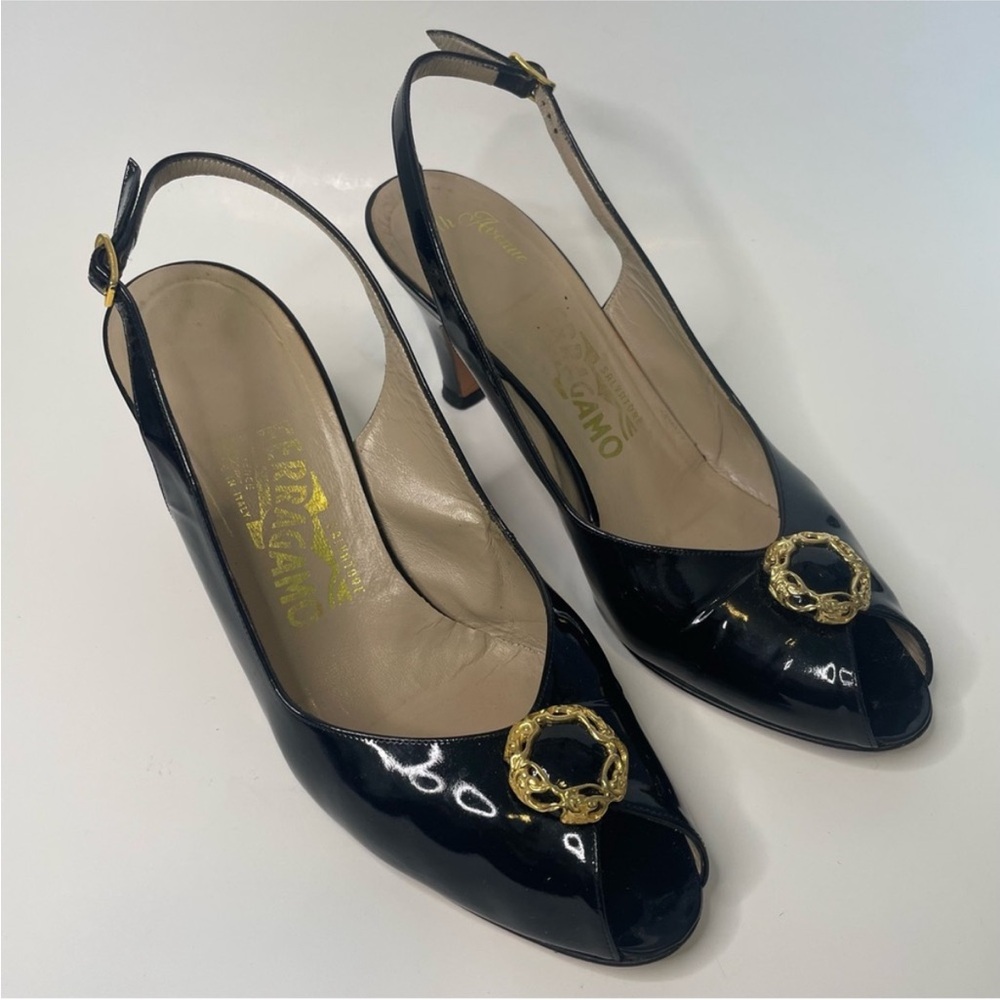 Vintage Ferragamo Black Patent Peep-Toe kitten heels
